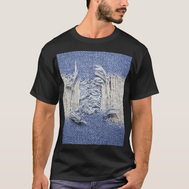 T-shirt Dénim bleu déchiré : texture de jeans. (Devant)