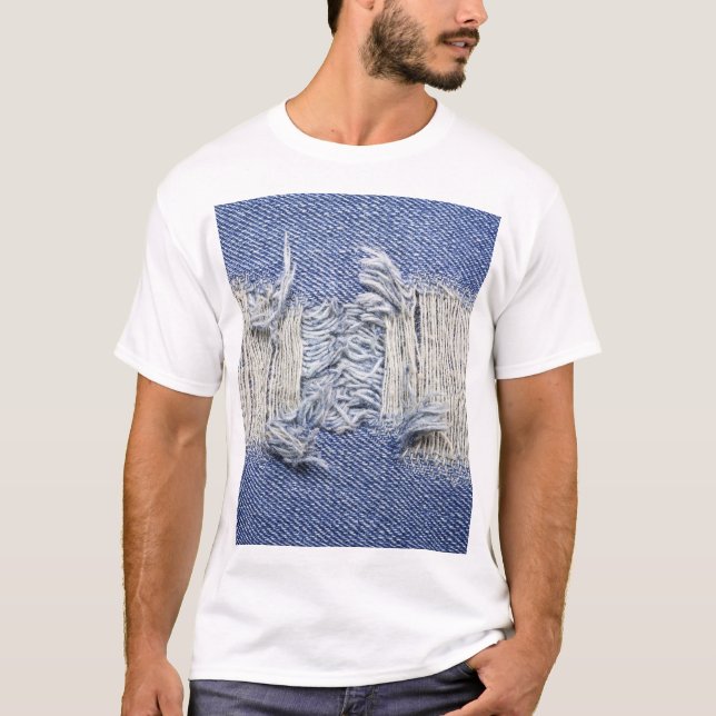 T-shirt Dénim bleu déchiré : texture de jeans. (Devant)