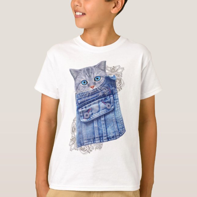 T-shirt Denim Jean poches, chatons et dentelle (Devant)