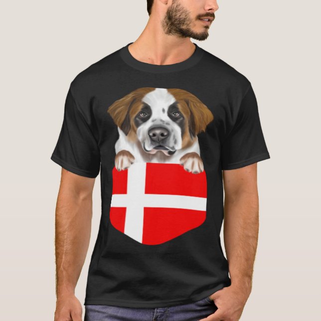 T-shirt Denmark Flag St Bernard Dog In Pocket (Devant)