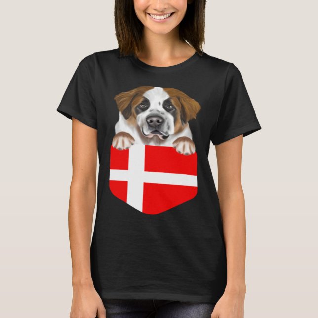 T-shirt Denmark Flag St Bernard Dog In Pocket (Devant)