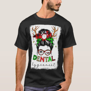 T-shirt Dental Hygienist Messy Bun Leopard Plaid Chrismtas