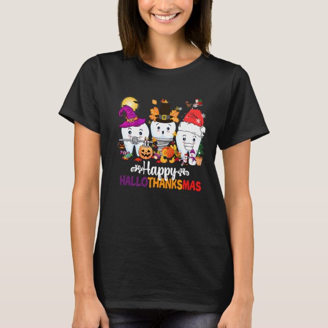 T-shirt Dental Joyeux HalloThanksmas dents gnome Happy Hal (Devant)