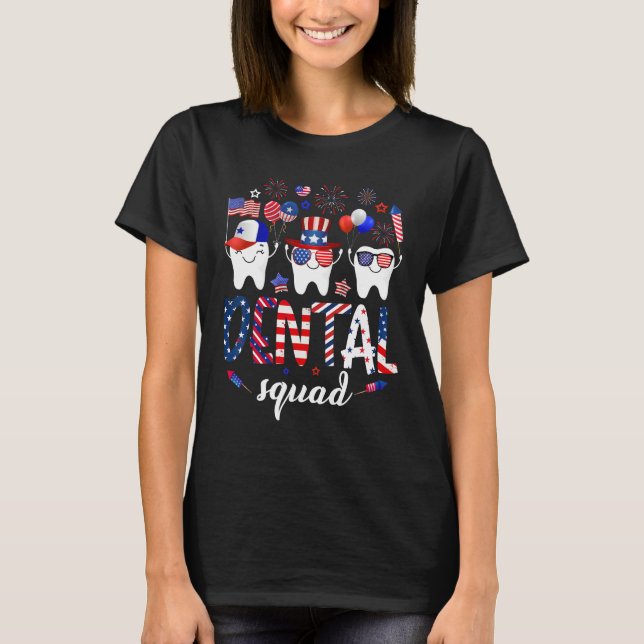 T-shirt Dental Squad Cute Teeth USA Flag Fireworks 4th Of  (Devant)