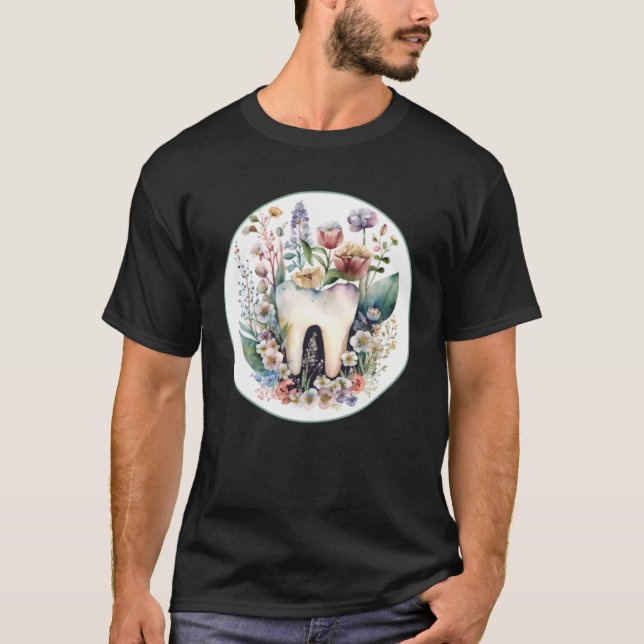 T-shirt Dental  with Lovely Tooth and Wildflower Graphic (Devant)