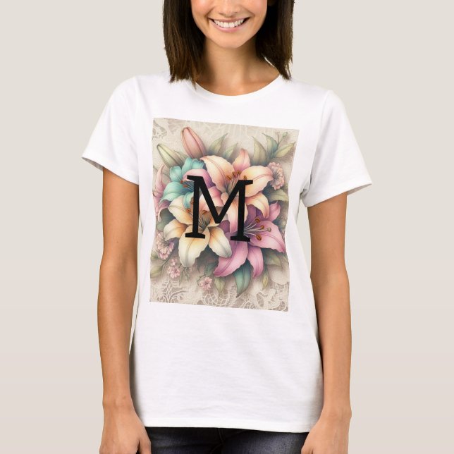 T-shirt Dentelle monogramme florale lys rose orange sarcel (Devant)