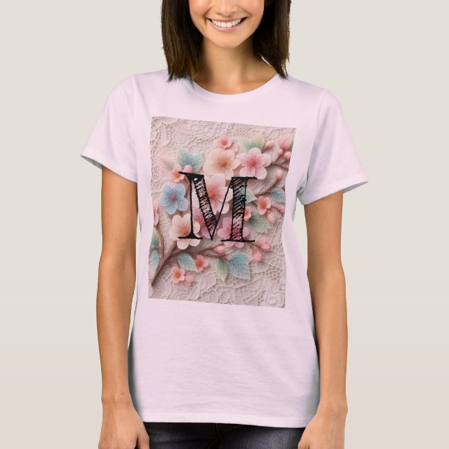 T-shirt Dentelle monogramme florale rose pastel fleur de c (Devant)