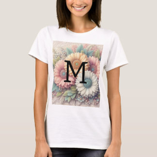 T-shirt Dentelle monogrammée fleurs roses orangées gerbera