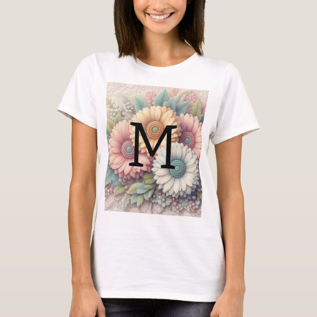T-shirt Dentelle monogrammée fleurs roses orangées gerbera (Devant)