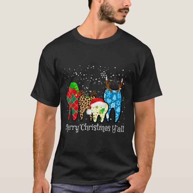 T-shirt Dentist Teeth Santa Hat Leopard Plaid Dental Merry (Devant)