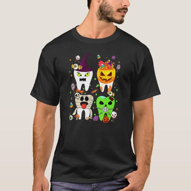 T-shirt Dents Fantôme Citrouille Sorcière Mignonne Dentair (Devant)