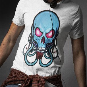 T-shirt Déplaisant bleu gothique stylisé Tentacle Skull Li