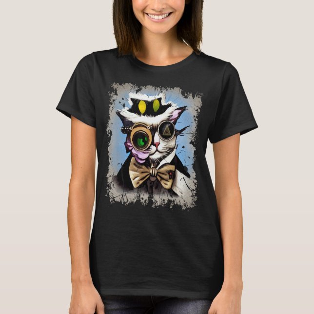 T-shirt Déplaisant Illuminati Chat Cyborg Monocle Chat à v (Devant)