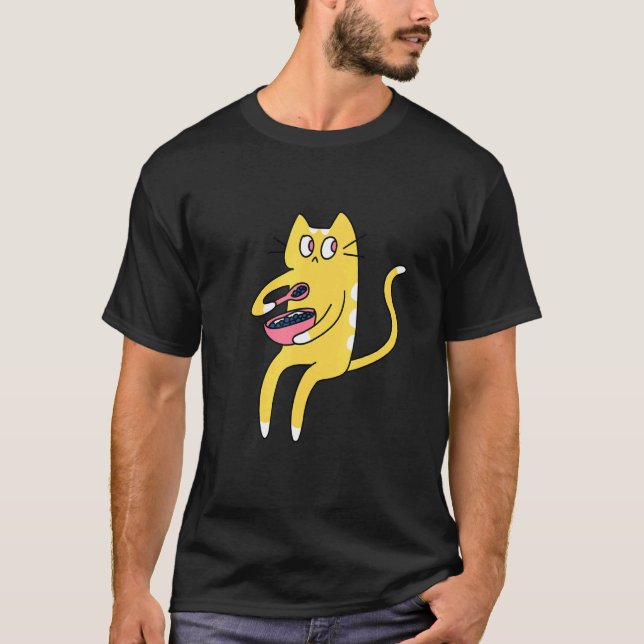 T-shirt Derpy Kitty Chat jaune et blanc Manger Céréales (Devant)