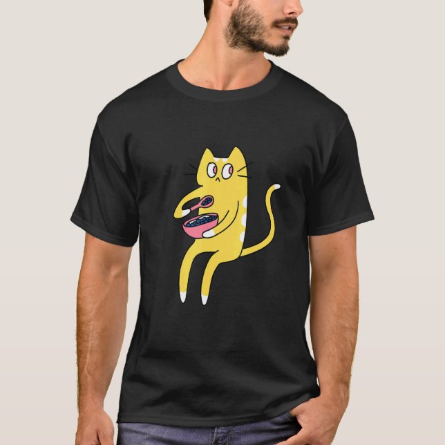 T-shirt Derpy Kitty Yellow and White Cat Eating Cereal (Devant)