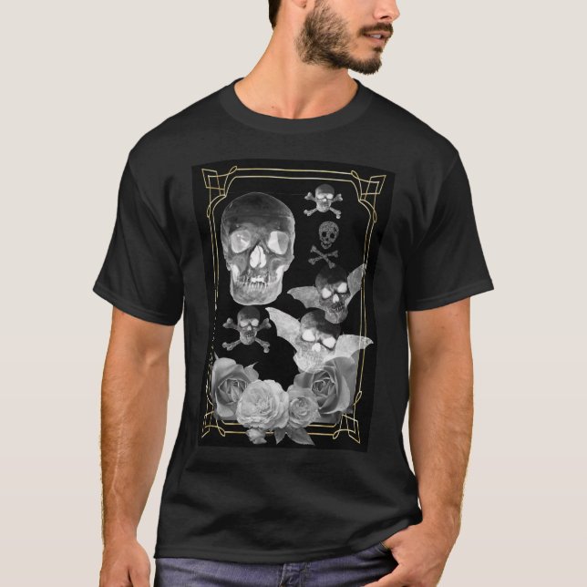 T-shirt Des crânes volants et des roses gothiques (Devant)