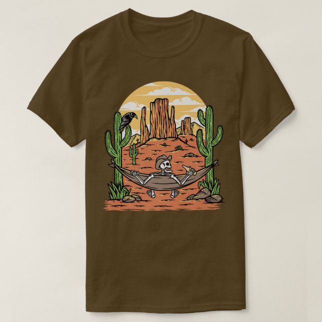 T-shirt Desert Scene Cactus Skeleton Cowboy In Hat And Ham (Design devant)