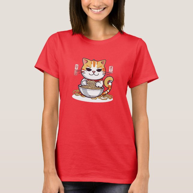 T-Shirt Design Chat Ramen Mangeant des Nouilles (Devant)