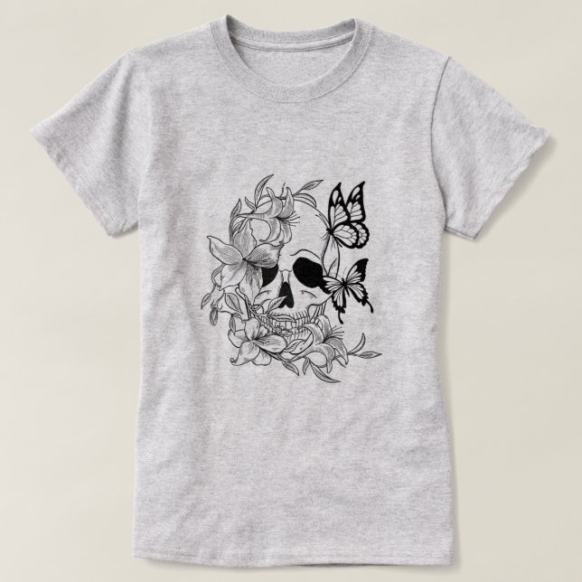 T-shirt Design crâne et papillon avec éléments floraux (Design devant)