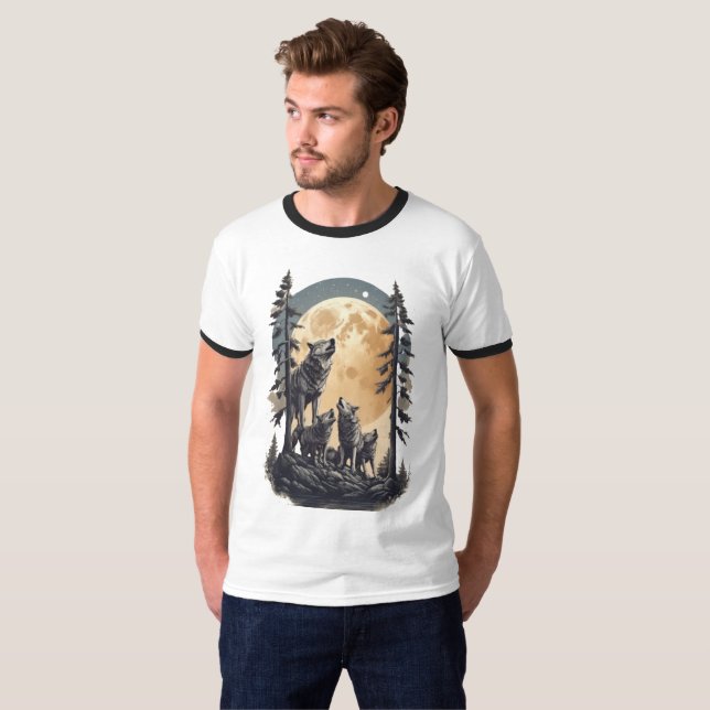 T-shirt Design de la famille de loups sur la Lune, (Devant entier)