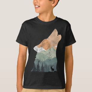 T-shirt design de nature vintage avec silhouette de loup