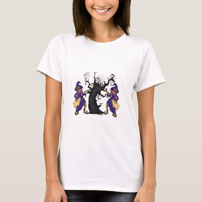 T-shirt Design d'Halloween avec Arbre Croché & Sorcières (Devant)