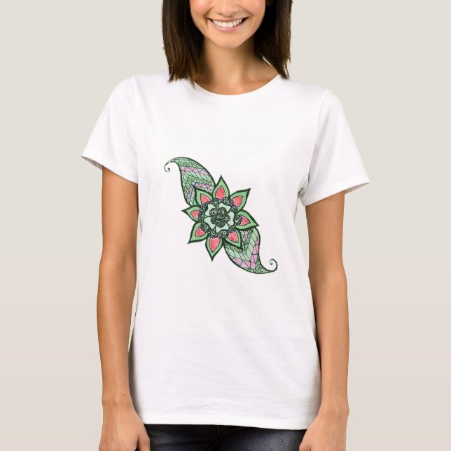 T-shirt Design inspiré du henné en chemise rose et verte (Devant)