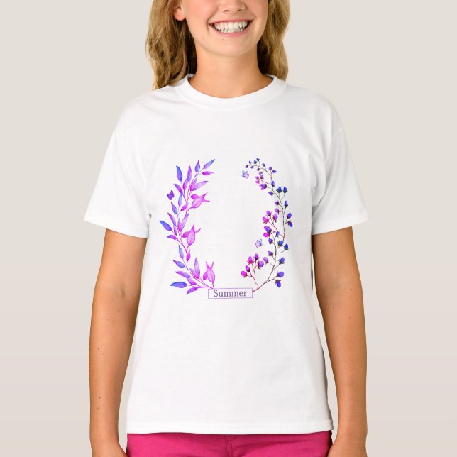 T-shirt Design original de fleurs et branches violettes (Devant)