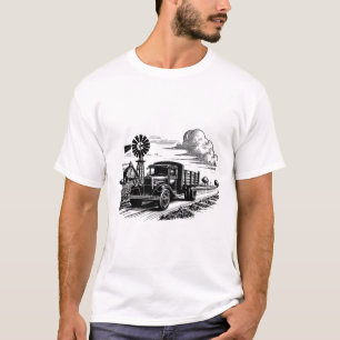 T-shirt Dessin à l'encre d'art de tracteur agricole moulin