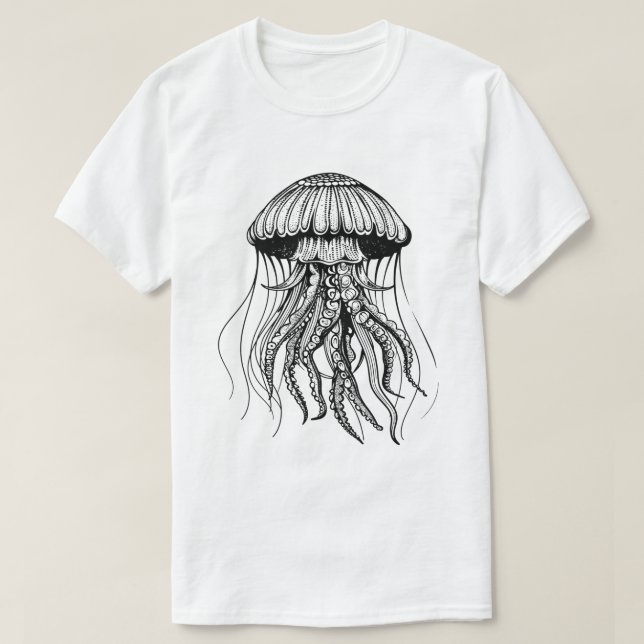 T-shirt Dessin à l'encre de méduse blanc minimal océan (Design devant)