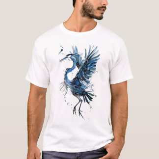 T-shirt Dessin Abstrait noir de Héron Bleu sur fond floral
