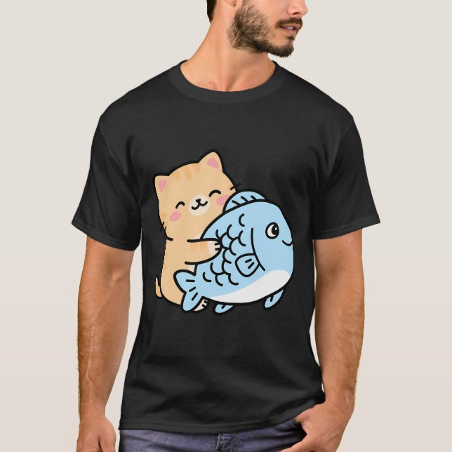 T-shirt Dessin animé de chat mignon et de poisson (Devant)