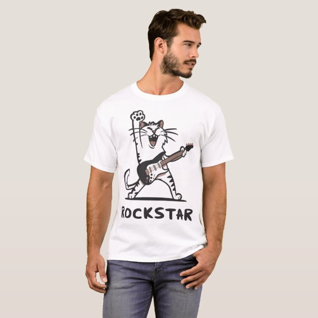 T-shirt Dessin animé de chat rockstar drôle (Devant entier)