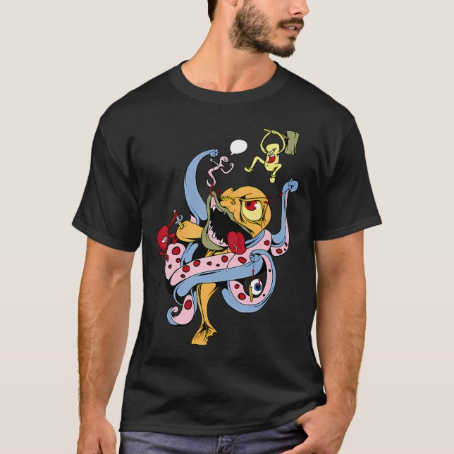 T-shirt Dessin Animé de Poisson Monstre Fou (Devant)