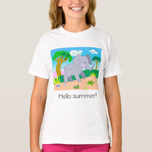 T-shirt Dessin animé éléphant mignon en été dans la nature