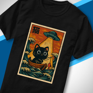 T-shirt Dessin animé UFO vague japonaise rétro Art de chat