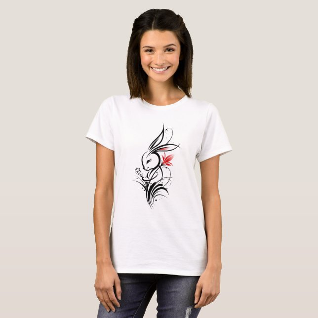 T-shirt Dessin au trait de lapin floral (Devant entier)