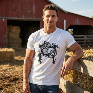 T-shirt Dessin d'animal de ferme tête de cochon en noir et