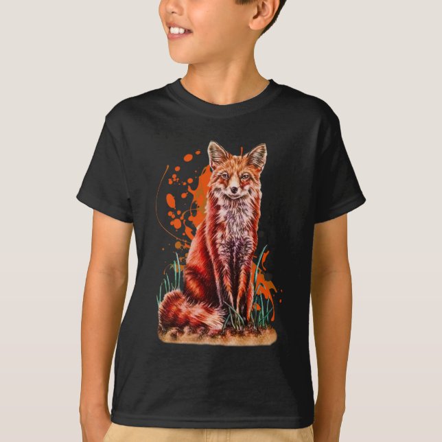 T-shirt Dessin d'art animal rouge de Fox et de peinture (Devant)