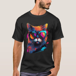T-shirt Dessin de chat coloré, noir, jaune, blanc, bleu,