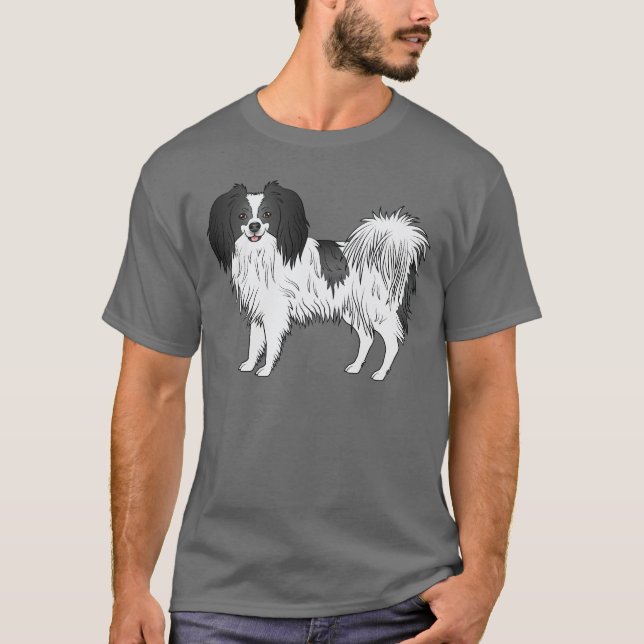 T-shirt Dessin De Chien De Caricature Noir Et Blanc Phalèn (Devant)