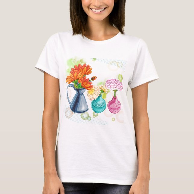 T-shirt Dessin de couleur d'eau de 3 pots de fleur (Devant)