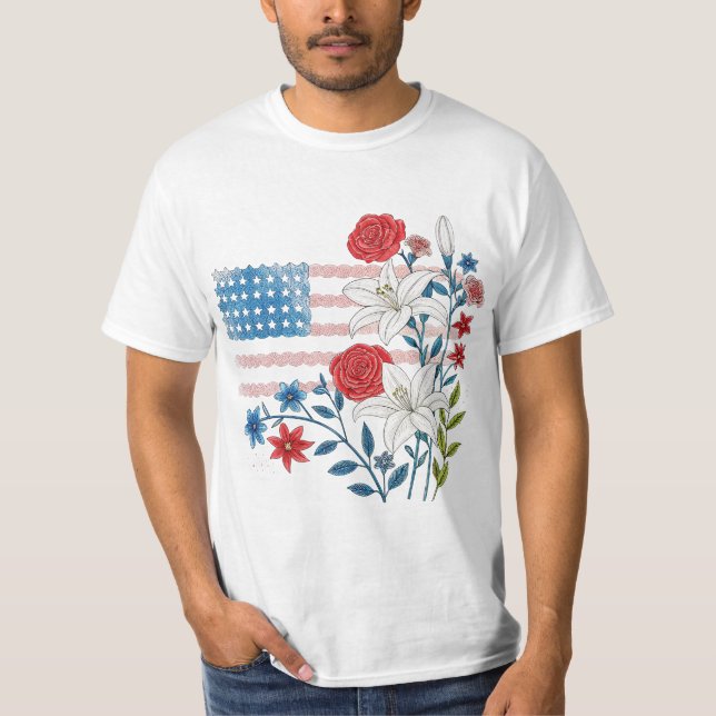 T-shirt Dessin de drapeau américain floral (Devant)