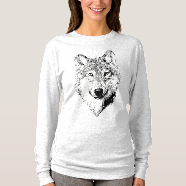 T-shirt Dessin de loup noir et blanc  (Devant)