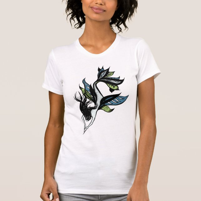T-shirt Dessin de sirène Belle encre bleue verte (Devant)