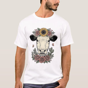 T-shirt Dessin de tête de vache florale gravure vintage_1