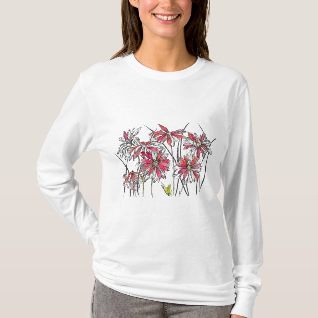 T-shirt Dessin d'encre d'art botanique peint Fleurs de mar (Devant)
