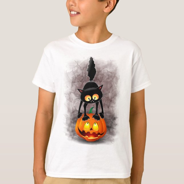 T-shirt Dessin d'Halloween au chat effrayé sur Citrouille (Devant)