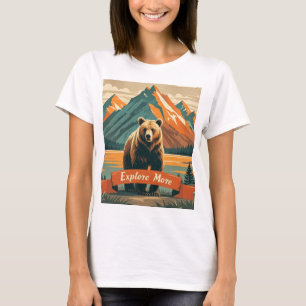 T-shirt Dessin d'ours de style rétro et chaîne de montagne
