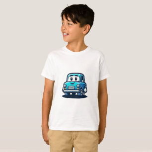 T-shirt dessin d'une vieille voiture bleue souriante